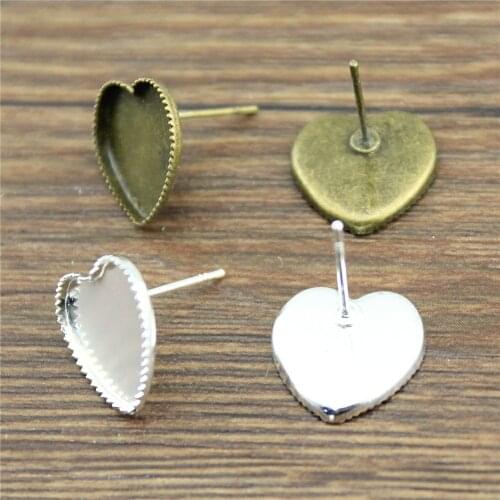 20pcs 2 Colors Fit 10/12mm Heart Glass Cabochon Copper Material Sawtooth Edge Earring Studs, Earrings Base/Blank Bezels DIY