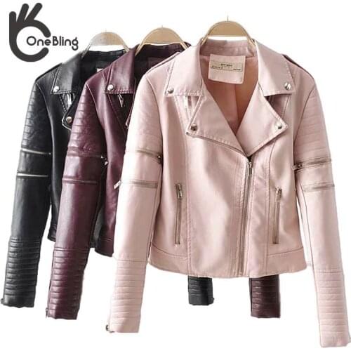 OneBling Spring Leather Coat Women Long Sleeve Solid Slim Pu Jackets Europe And America Fashion Ladies Moto Casual Tops