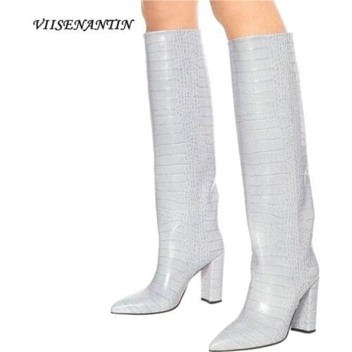 Crocodile Pattern High-Heeled Long-Tube Catwalk Sleeve Fashion Boots Womens Large-Size Thick-Heel Pointed High Knee-Length