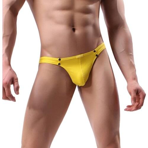 Men Sexy Thongs PU Leather Thong G-string Bikini Low Waist Panties Jockstrap Tanga Underwear Button Exotic T-back Underpants