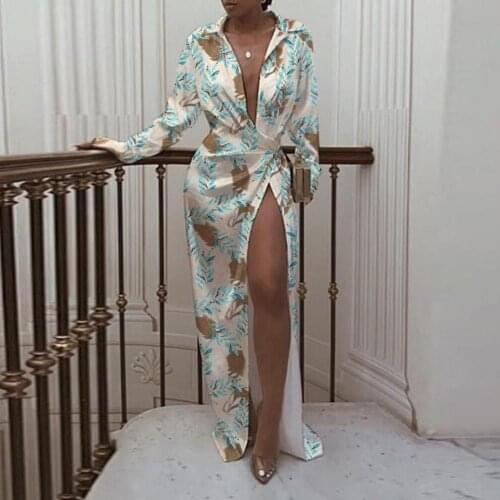 Summer Fashion Maxi Dress Deep V Neck Stripe Print Butterflies High Split Women Long Sleeve Lapel Mopping Dress for Party