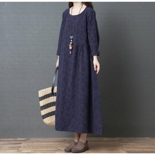 Spring Autumn New Womens Retro Loose Large Size Jacquard Cotton And Linen Dress Linen Over The Knee Long Sleeve Robes m37
