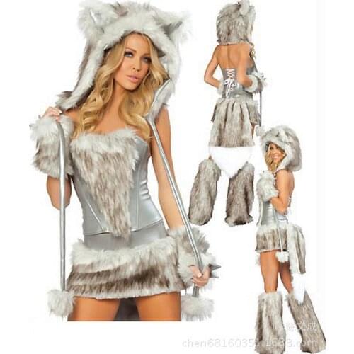5 Pcs Sexy Christmas Erotic Costume Cat-woman For Ladies Fur Temptation New Sexy Halloween Costumes Lace Back Brown Gray WL78