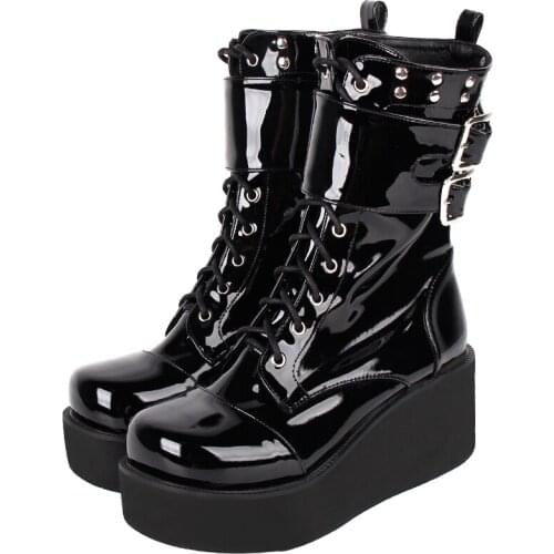 Angelic imprint Women motorcycle punk cool boots lady lolita Boots woman high heels pumps wedges shoes patent leather buckles 47
