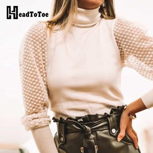 High Neck Long Sleeve Lace Insert Blouse Women Autumn Brief Casual Blouse Tops