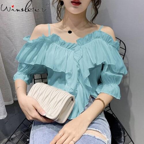 Summer Chiffon Women Blouses Fashion Puff Sleeve Spaghetti Strap Off-the-shoulder Blouse Shirt Casual Blusa 2020 New T07016B