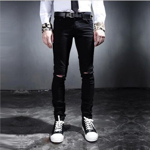 Hot 2020 New Fashion Casual Black Knee Hole Beggar Pants Plus Size Jeans Korean Version Slim Trousers Singer Nightclub Costumes