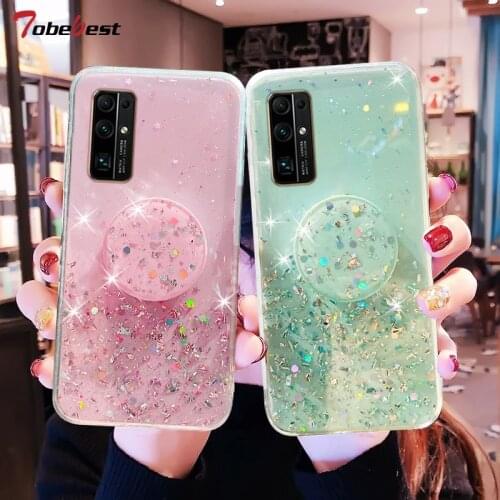 Bling Glitter Silver Foil Phone holder Case For Huawei Honor 30 30S 20 Pro 10 9 8 Lite Transparent Soft Silicone Stand Cover