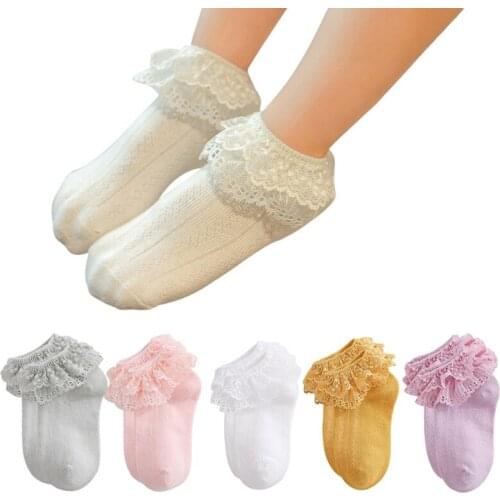 Childrens Socks Baby Girls Cotton Lace Ruffle Princess Mesh Socks Kids Infant Toddler Anti-slip Ankle Short Socks White Pink