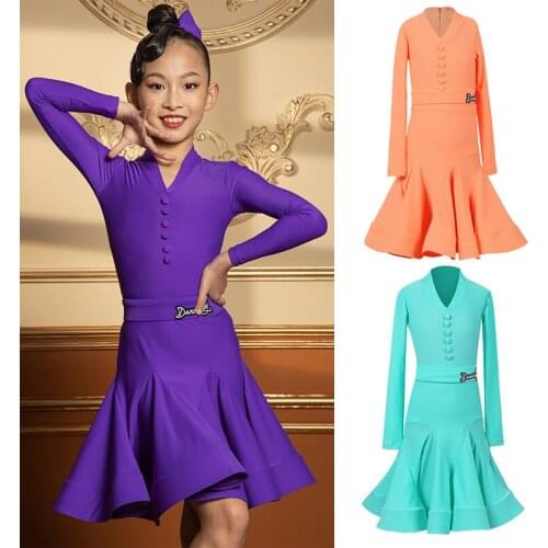 Kids Latin Dance Dress For Girls Competition Dresses Purple/Orange/Turquoise Color Latin Dance Clothes Samba Show Costume BL5264