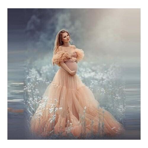 Elegant Ball Gown Pregnancy Dresses For Photo Shoot Cap Sleeves Ruffles Strapless Stretchy Tulle Puffy Maternity Gown
