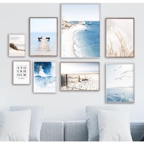 Blue Sea Beach Dune Reed Bridge Seascape Wall Art Canvas Painting Nordic Posters And Prints Wall Pictures For Living Room Decor