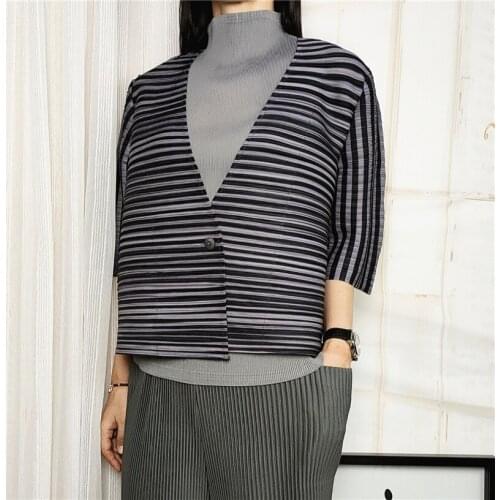 HOT SELLING Miyake folds half Sleeve v-neck Sexy mesh single button stripe coat IN STOCK