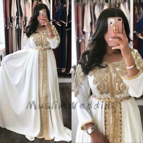 Caftan Morrocan White Prom Dresses With Gold Appliques Long Sleeve Beaded Dubai Abaya Evening Dress 2020 Plus Size Women Formal