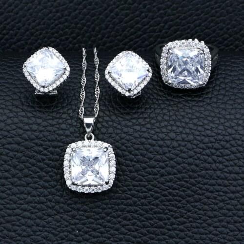 925 Sterlling Silver Wedding Jewelry Sets For Bride White Cubic Zirconia Stud Earrings/Pendant/Necklace/Ring Set