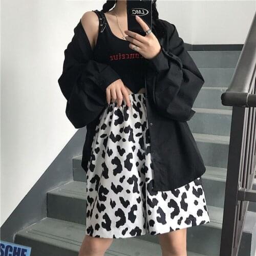Summer Harajuku Street Style Shorts Female White Cow Print Print Korean Version of Harajuku Elastic Waist Wide-leg Loose High-wa