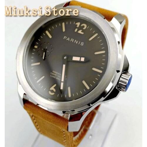 Parnis 43mm Mens Top Mechanical watch Silver Case Sapphire Glass Leather Strap17 jewels hand winding 6497 Movement Watch