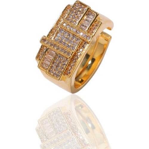 Hip Hop Mens Gold color Staggered Square Zircon Ring Adjustable Mens Ring