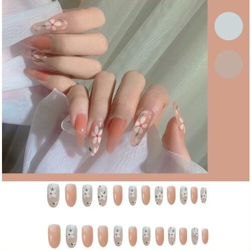 24Pcs Stiletto False Press On Nails Nude Flower Stamen Wear Finished Product Wearable Full Cover Artificial Nails Decoration