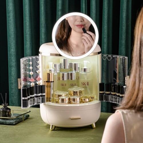 New Cosmetic Storage Box With Mirror Led Light Desktop Makeup Organizer Case Dust-Proof Drawer Type Organizer For Cosmetics