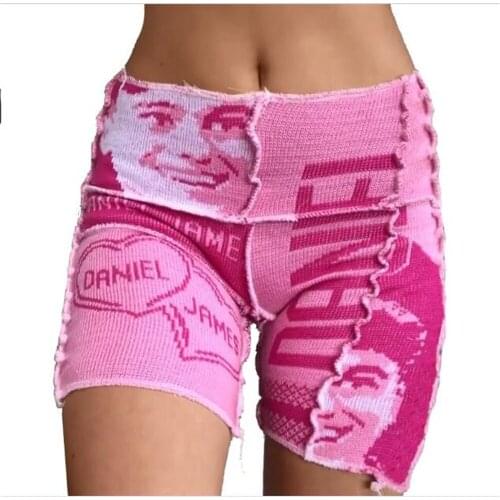 2021 New Product Fashion Temperament Commuter Women Sexy Mid Waist Cartoon Print Splicing Straight Type Skinny Knitting Shorts