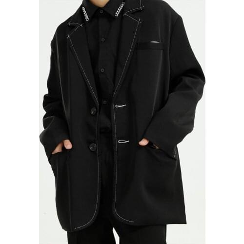 Firmranch New Fall Spring Ins Contrast Color Stitch Casual Suit Men Loose All Match Coat Design Sense Overcoat BF Style For Girl