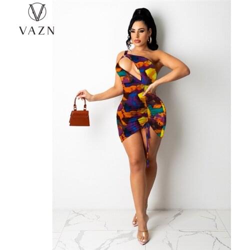 VAZN 2021 New Arrival Drawstring Style Hollow Out Sexy Club Open One Off Shoulder High Waist Young Vestidos For Female