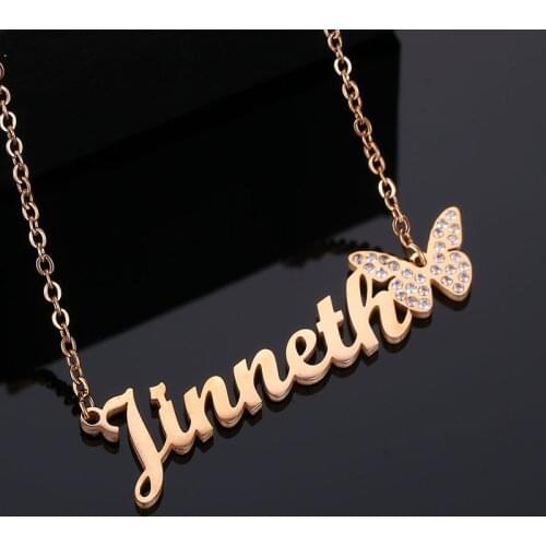 Personalized Customized Diamond Butterfly Name Necklaces Stainless Steel Custom Fashion Letters Pendant Necklaces Women Jewelry