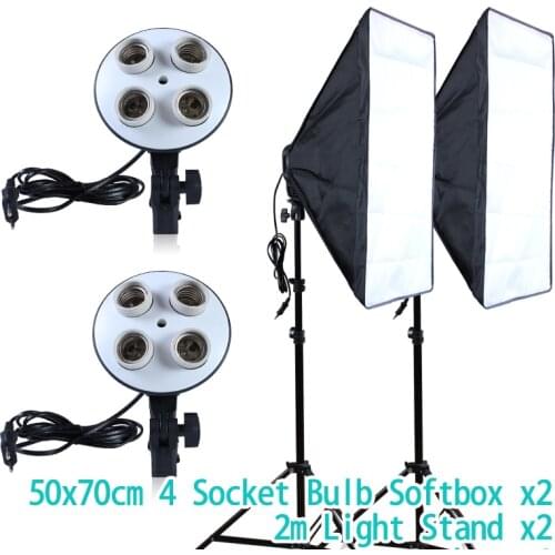 Diffuser Light 50*70cm Continuous Lighting Softbox for 4-in-1 Socket E27 Lamp Holder with 2Pcs 2M light Stand Photo Studio Kit