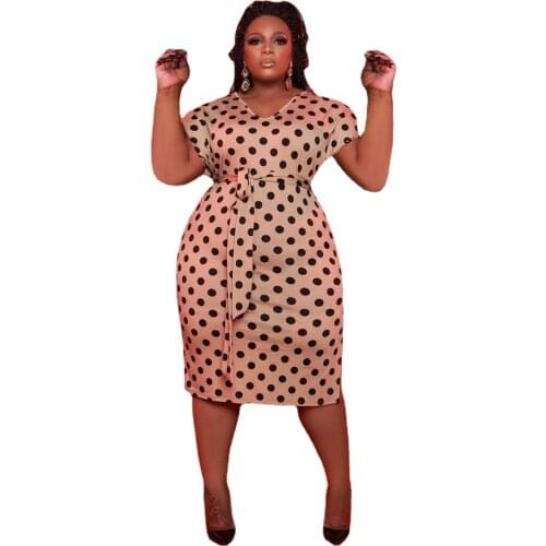 Plus Size Dress 4xl 5xl Women Clothing Sexy Elegant V Neck Short Sleeves Dot Print Midi Dresses with Belt Wholesale Dropshipping