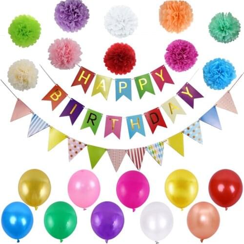 Multicolor Happy Birthday Banner With Colorful Paper Flag Bunting Paper Pompoms Balloons DIY Birthday Party Decorations Kids Set