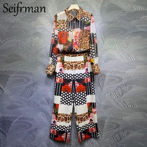 Seifrmann New 2021 Summer Women Fashion Runway Pants Set Lantern Sleeve Loose Shirts + High Waist Long Pants 2 Two Pieces Suits