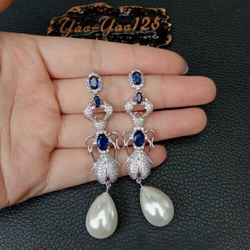 YYGEM animal Blue Cz Pave Insect Teardrop White Sea Shell Pearl Stud Earrings punk style for women