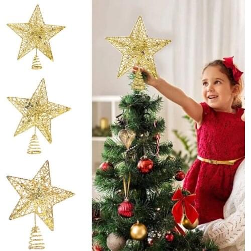 Christmas Tree Decor Golden Hollow Out Five-Pointed Star Star Xmas Tree Top Star Home Desktop Topper Christmas Party Ornament
