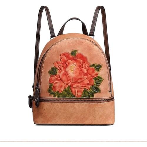 High Quality Natural Skin Rucksack Female Knapsack Embossed Chinese Style Rose floral Bag Daypack Women Genuine Leather Backpack