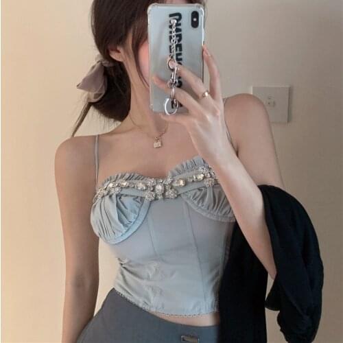 Elegant Fashion Diamond Studded Camisole Womens 2021 Summer Sexy Backless Wrapped Chest Crop Tops Slim Street Clubwear