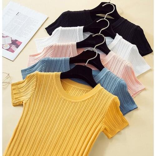2021 Korea Summer Pullover Knitted Short Sleeve Knitted Sweater Women Slim Basic Solid Casual Base Female Knitting shirts Tops