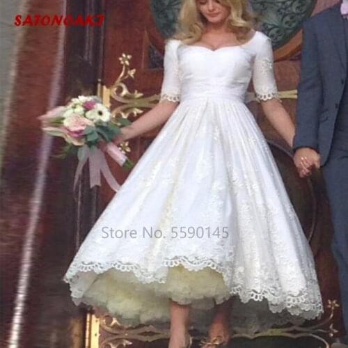 New Arrival Lace Tea Length Country Style Wedding Dress with 1/2 Sleeves Vintage Tulle Beach Bridal Gowns Vestido De Novia India