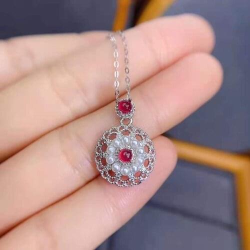 Natural Ruby Gemstone Flower Pendant Necklace Real 925 Pure Silver Fine Fashion Wedding Jewelry for Women MeiBaPJFS
