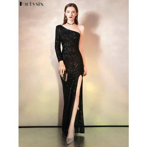 Partysix 2021 Women Autumn Winter Elegant V Neck Sequin Dress Long Sleeve Maxi Bodycon Dress Female Evening Party Dress