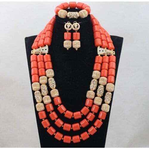 3 Layers African Artificial Coral Beads Necklace Earring Bracelet Jewellery Set Indian Women Costume Jewelry Set CNR834