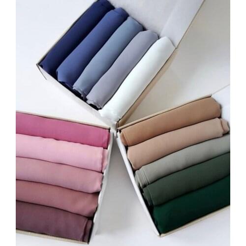 5pcs/Box Chiffon Scarf Wrap Plain Solid Color Muslim Women Hijab Headscarf Islamic Long Shawl Pashmina Foulard Femme
