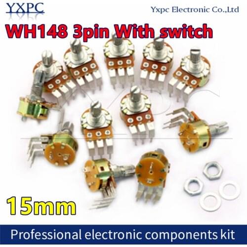 5pcs WH148 3pin With switch 15MM Bend foot 5K 10K 50K 100K 500K B5K B10K B100K B500K Potentiomete