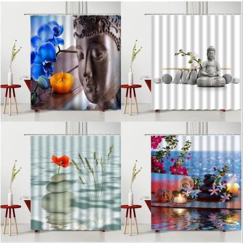 Zen Stone Scenery Shower Curtain Spa Landscape Buddha Statue Blue Flower Bathroom Decor Home Supplies Bath Curtains Washable