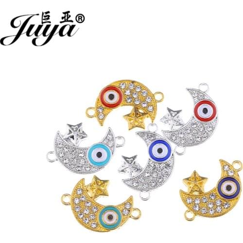 JUYA 15pcs Fashion Evil Eyes Floating Connector with Rhinestone Charms for Jewelry Making 22x15mm Moon and Star Pendant Necklace