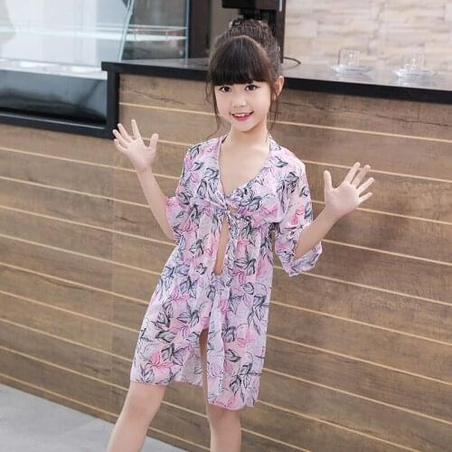 Girls Three Piece Swimsuit Baby Swimwear Floral Cover Up Bathing Suit Sun Protection Beachwear Child Ruffle Halter Bikini Set