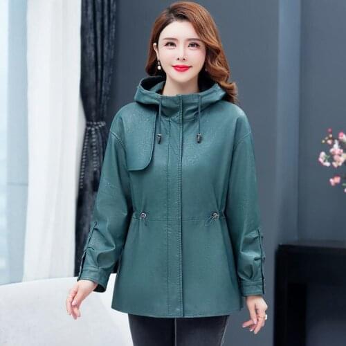 New Womens Elegant Hooded Pu Leather Jackets Ladies Loose Soft Sheepskin Leather Oversized Coat Female Clothing Outerwear