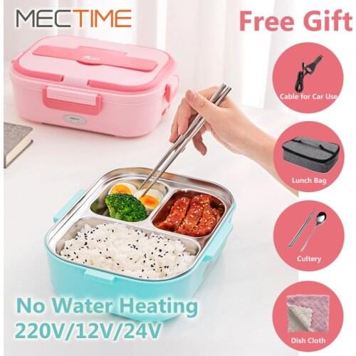 Electric Lunch Box Without Water Portable Food Warmer Stainless Steel 220V 12V 24V for Car Home Use