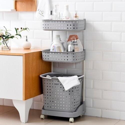 Multilayer Plastic Dirty Clothes Basket Rack Removable Bathroom Durable Plastic Seperate Storage Baskets with Mute Wheels