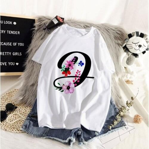 Fashion Women T-shirt 26 Alphabet Letter With Flower Harajuku Casual White Tops Tees Women 2021 New Summer Casual Female T-Shirt